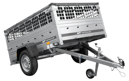 Car trailer GARDEN TRAILER 201 TIPP with mesh side extensions, support wheel and flat tarpaulin
