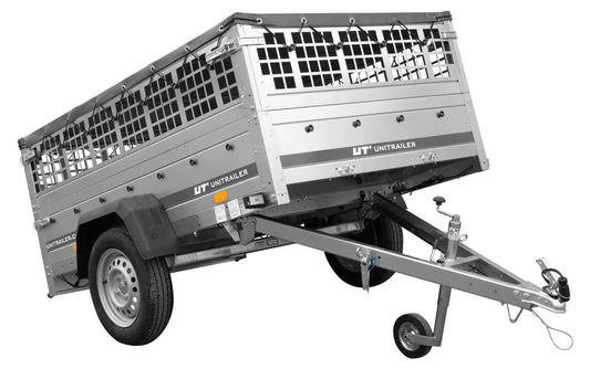 Car trailer GARDEN TRAILER 201 TIPP with mesh side extensions, support wheel and flat tarpaulin