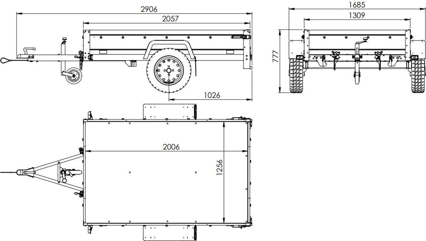 Car trailer GARDEN TRAILER 201 TIPP with mesh side extensions, support wheel and flat tarpaulin