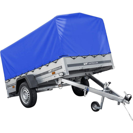 UNITRAILER Car Trailer 230x125 Garden Trailer 230 Tipping 750 kg with Jockey Wheel, Blue Tarpaulin and High Bows