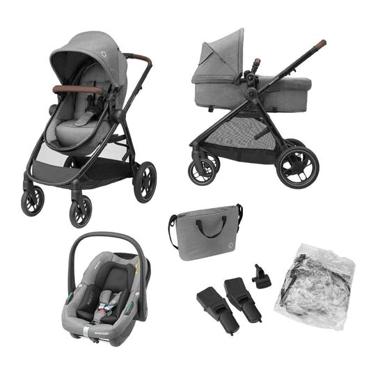 Zelia S Trio Stroller 3 in 1 Set, 0-4 Years, Up to 22 kg, Foldable, Compact and Adjustable Stroller, Includes CabrioFix S i-Size Car Seat, Accessories, Diaper Bag, Grey