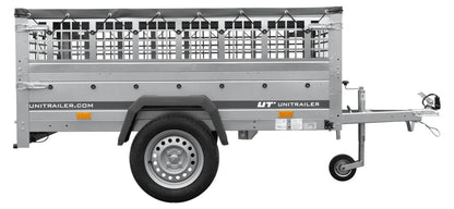 Car trailer GARDEN TRAILER 201 TIPP with mesh side extensions, support wheel and flat tarpaulin