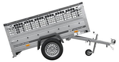 Car trailer GARDEN TRAILER 201 TIPP with mesh side extensions, support wheel and flat tarpaulin