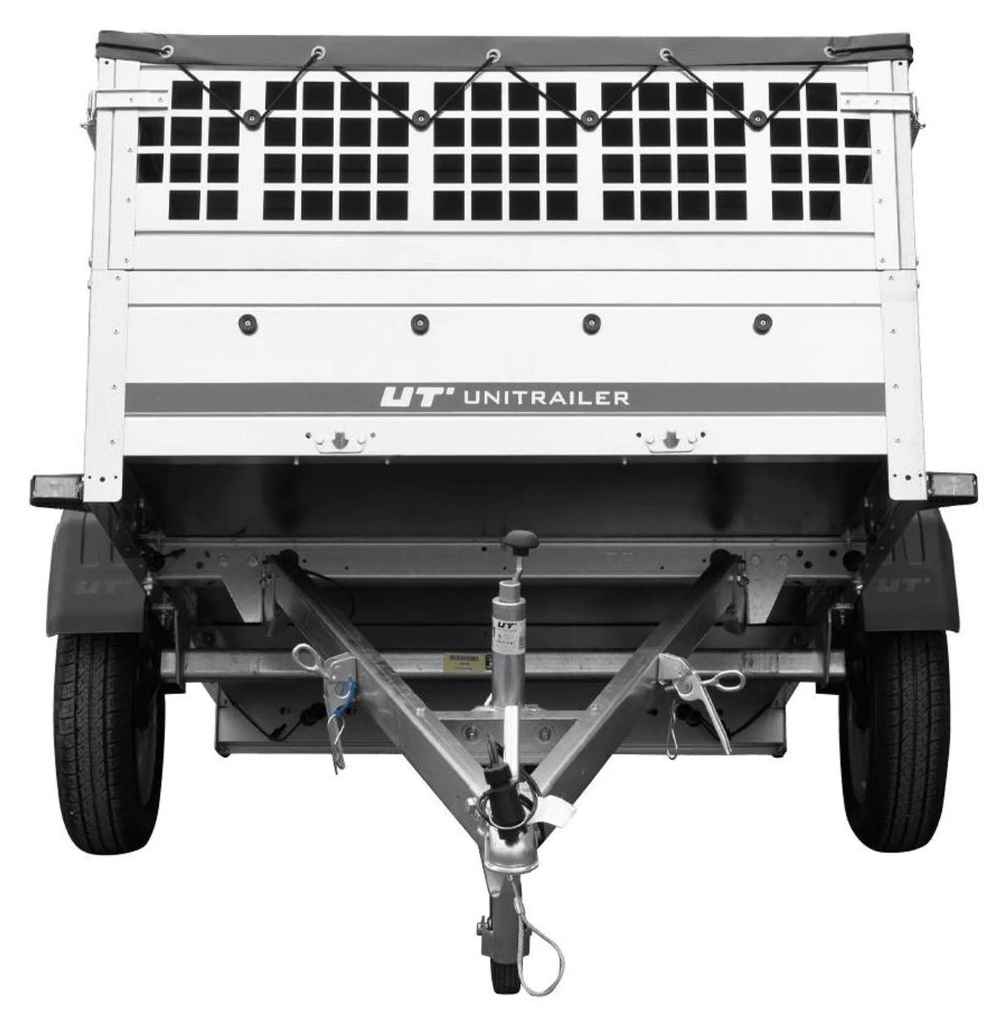 Car trailer GARDEN TRAILER 201 TIPP with mesh side extensions, support wheel and flat tarpaulin