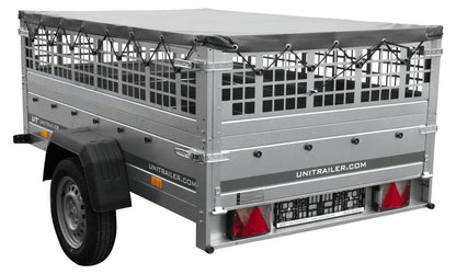 Car trailer GARDEN TRAILER 201 TIPP with mesh side extensions, support wheel and flat tarpaulin